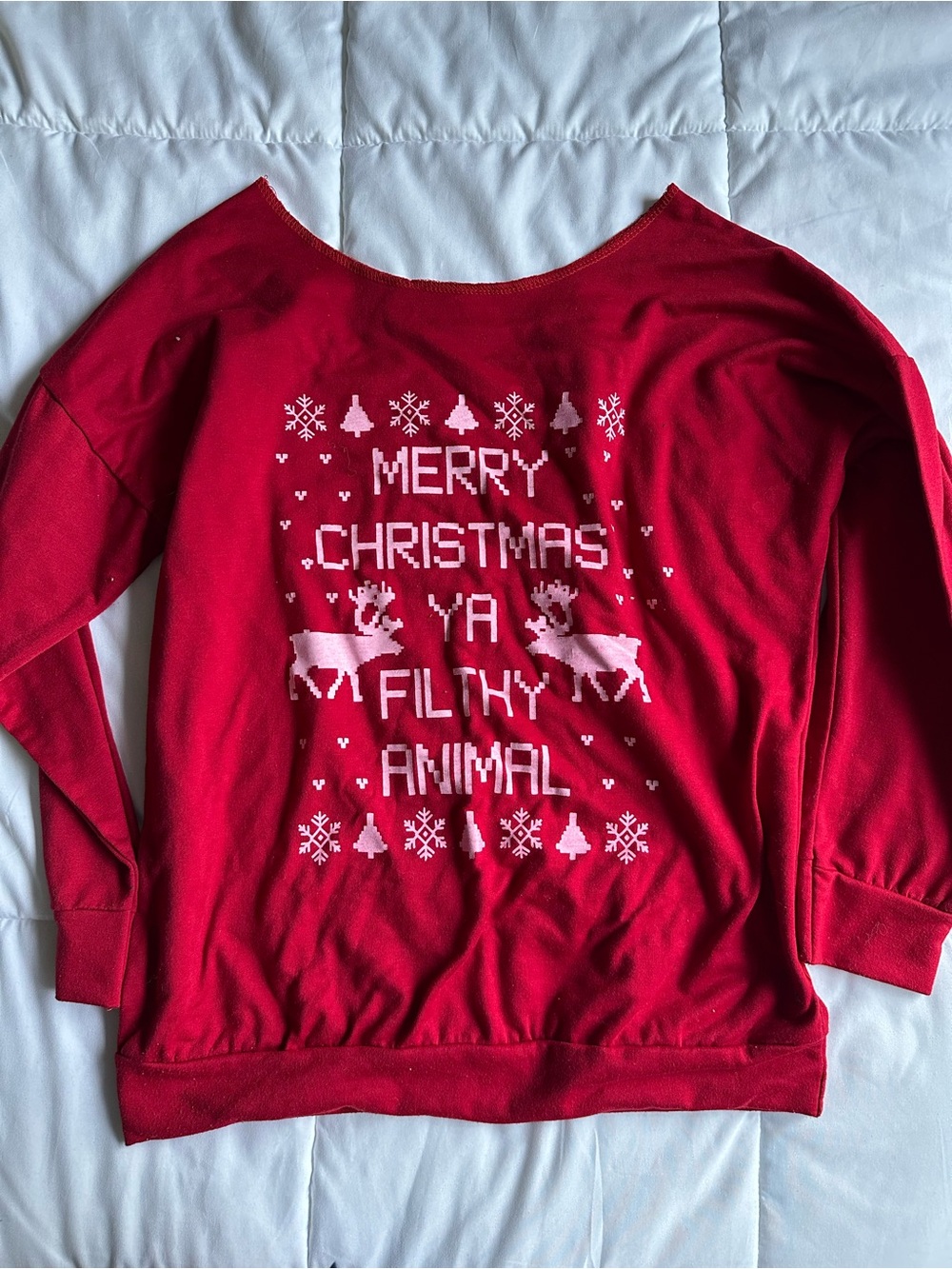 Women's Off-the-Shoulder Red Christmas Sweater - Holiday Graphic